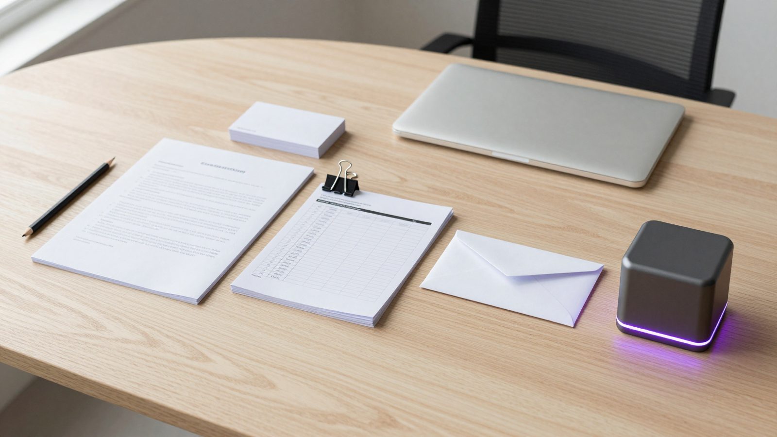 Objects laid out like the steps of a task on a pale oak desk: a contract, a laptop, index cards, a spreadsheet and an envelope, ending at a compact graphite AiServa server with a violet light