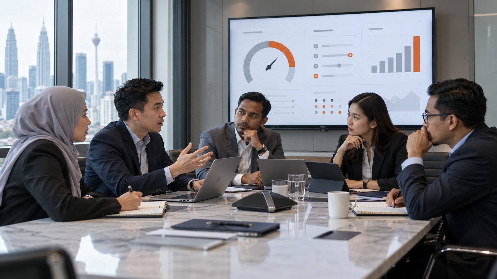 A Malaysian construction bid team in a boardroom reviewing win probability and risk on a wall screen
