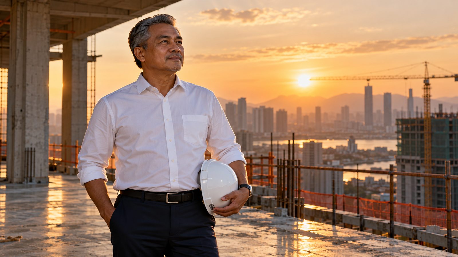 A Malaysian project director on a building site at sunset