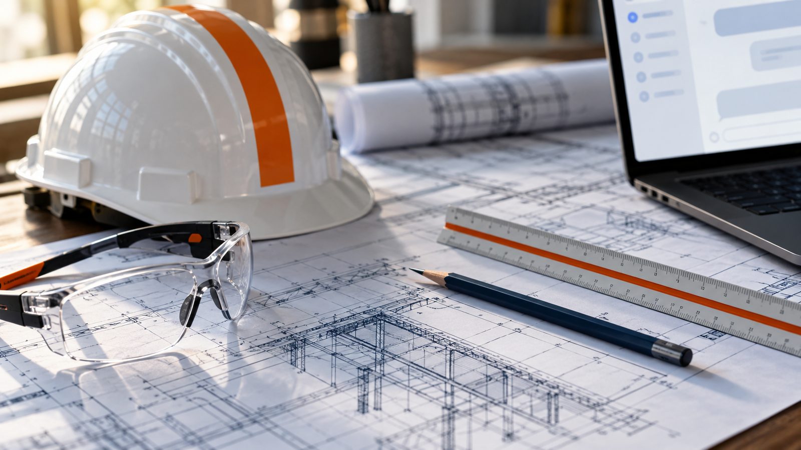 Structural drawings and a bound tender specification laid out for review