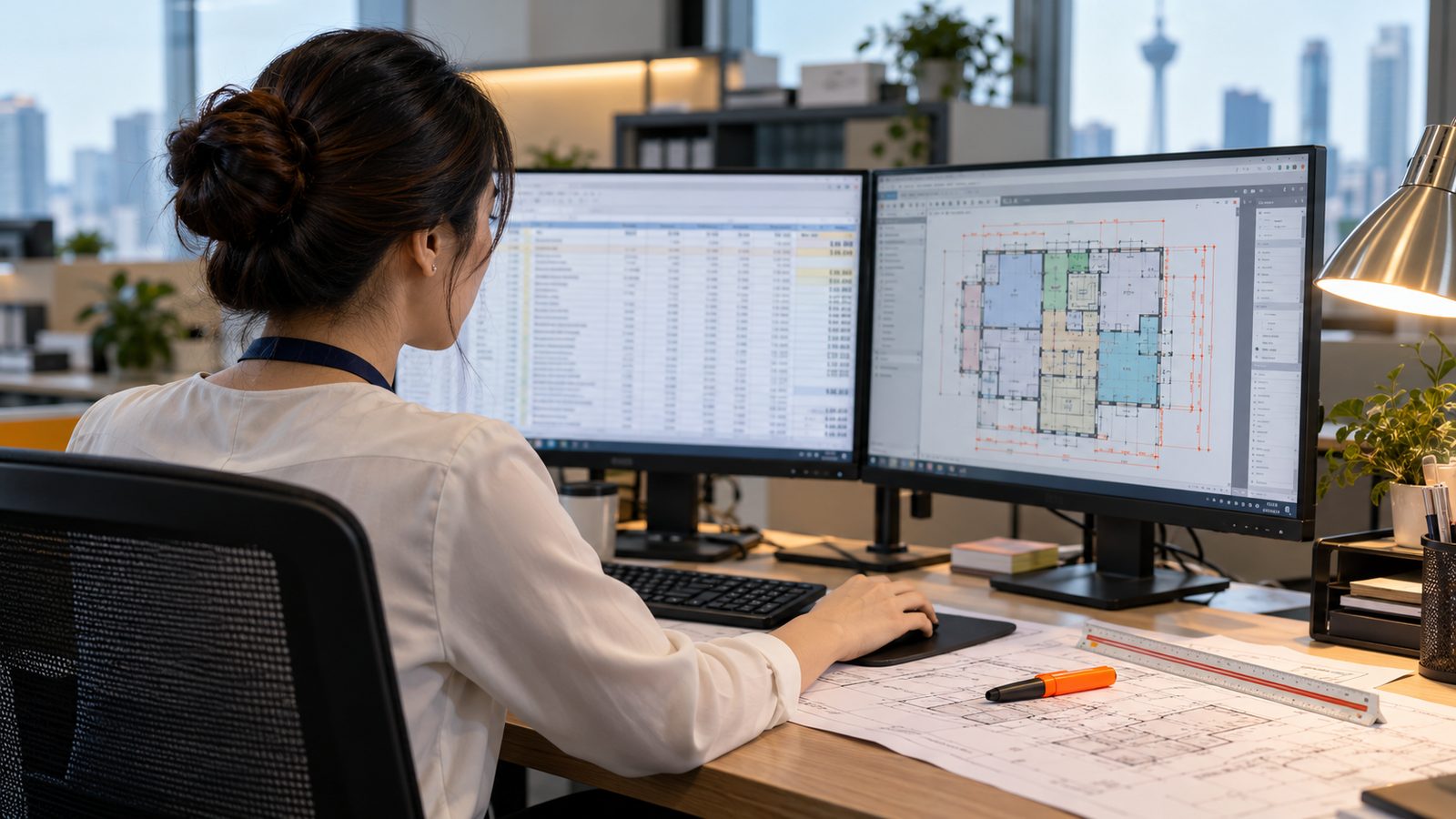 A Malaysian quantity surveyor reviewing a bill of quantities and a measured floor plan on two monitors