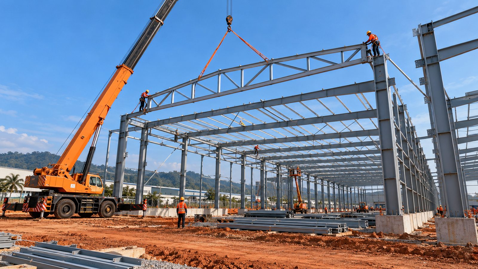A steel-frame factory under construction