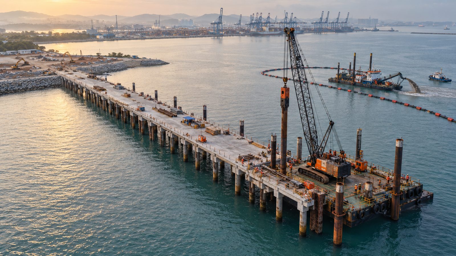 Aerial view of a concrete jetty on piles under construction, a crane on a piling barge driving a steel pile, a dredger and rock revetment at a Malaysian port