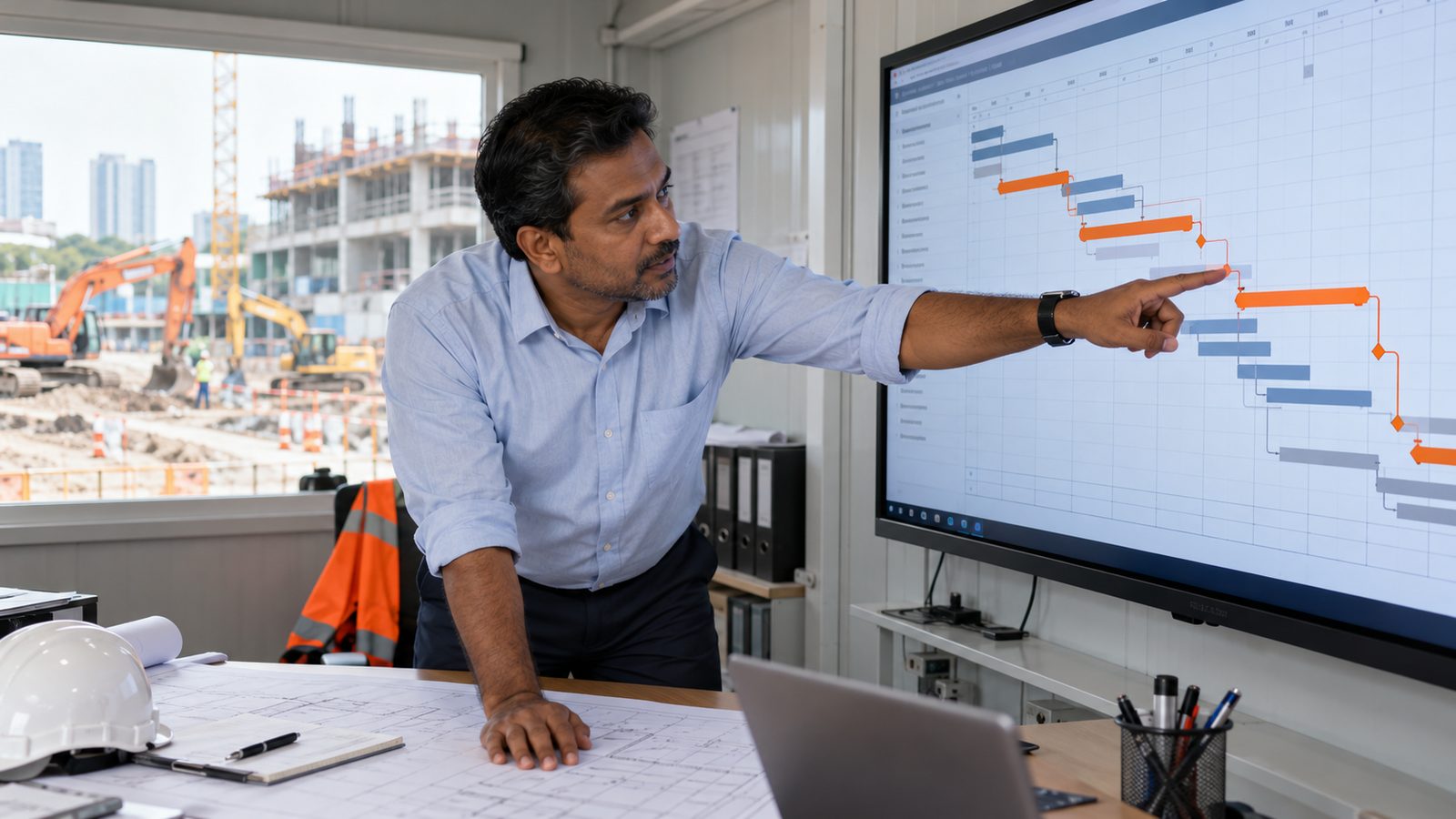 A Malaysian construction planner pointing at a Gantt programme with the critical path highlighted, site visible through the window
