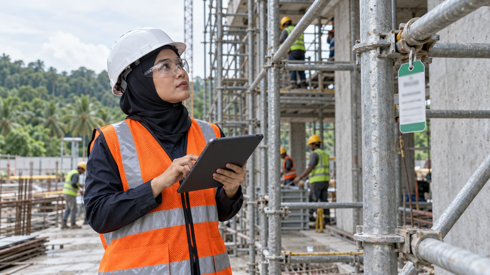 A Malaysian safety and health officer in hijab and helmet inspecting scaffolding with a tablet