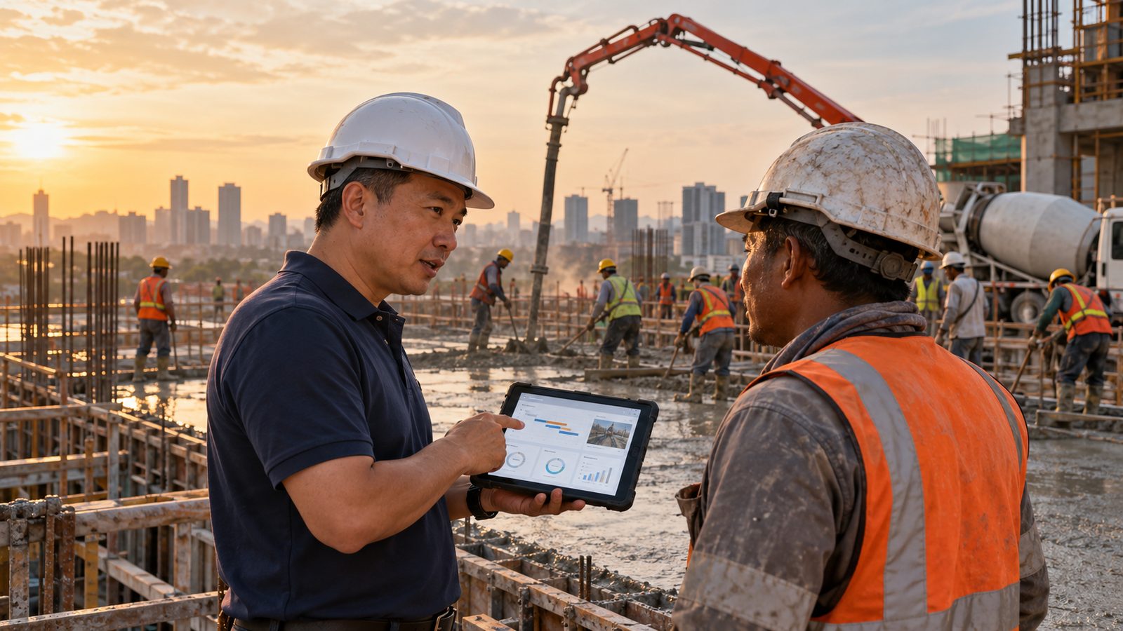 A project manager on site with a tablet next to a concrete pour