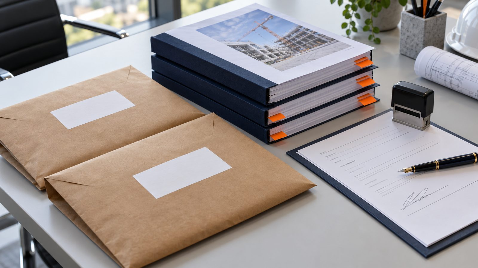 A prepared construction tender submission with sealed envelopes and bound volumes