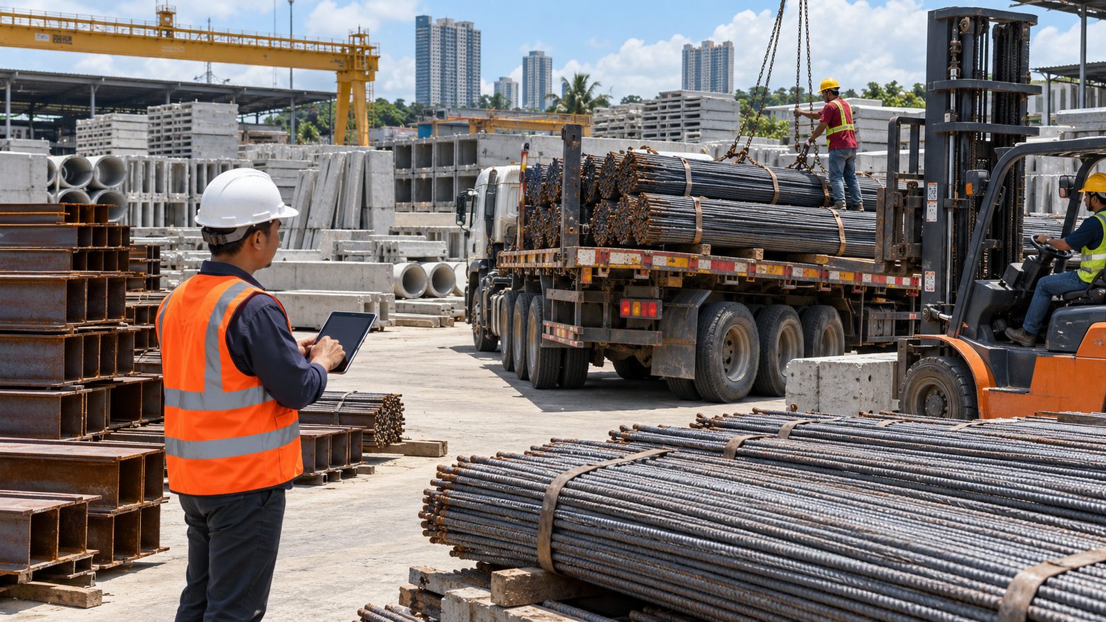 Steel bars, cement and building materials stacked at a supplier yard in Malaysia